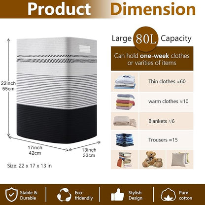 Laundry Hamper, Large Woven Rope Tall Laundry Basket - Image 4