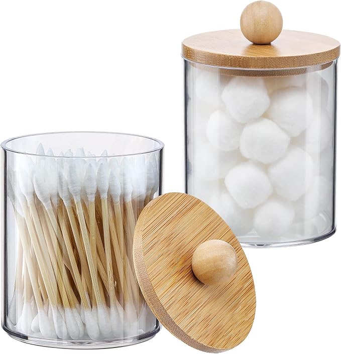 2 Pack Qtip Holder Dispenser - 10 oz Clear Plastic Apothecary Jar Containers by VITEVER