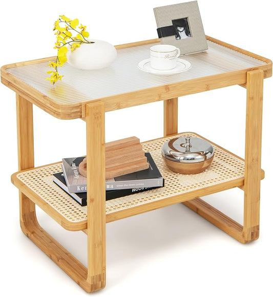 GOFLAME Bamboo Side Table with Glass Top, 2-Tier End Table with PE Rattan by GOFLAME