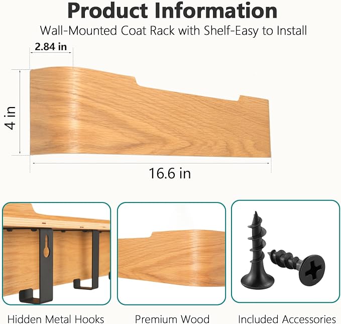 Coat Rack Wall Mount with Hidden Hooks Modern Key Holder Wood Entryway Hook - Image 3