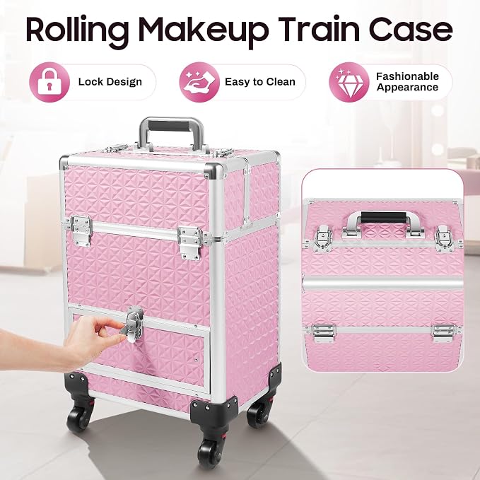 Rolling Makeup Train Case with Drawers, Portable Rolling Makeup Cart with Wheels - Image 6