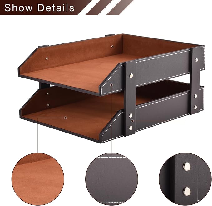 Leather Desk Organizer, 2-Tier Stackable Letter Tray Holder, Office Supplies - Image 4