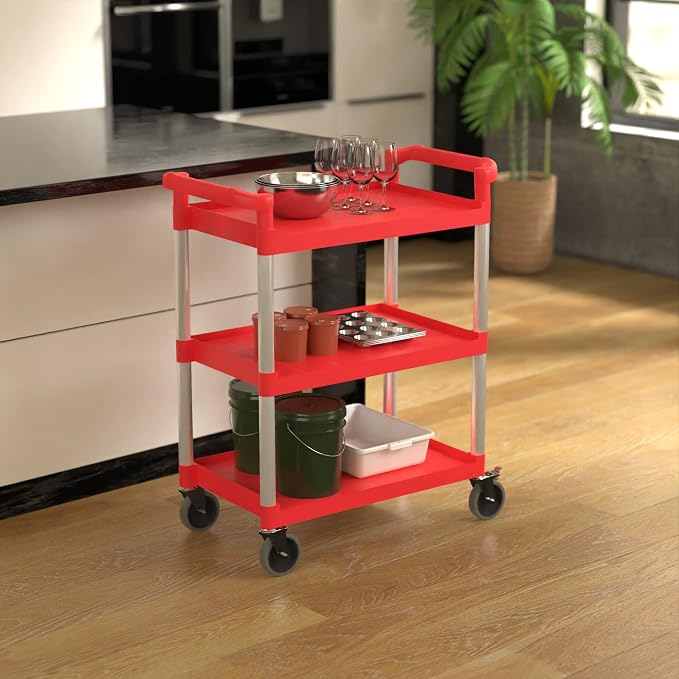 Red Utility/Bussing Cart with Three Shelves - Image 2