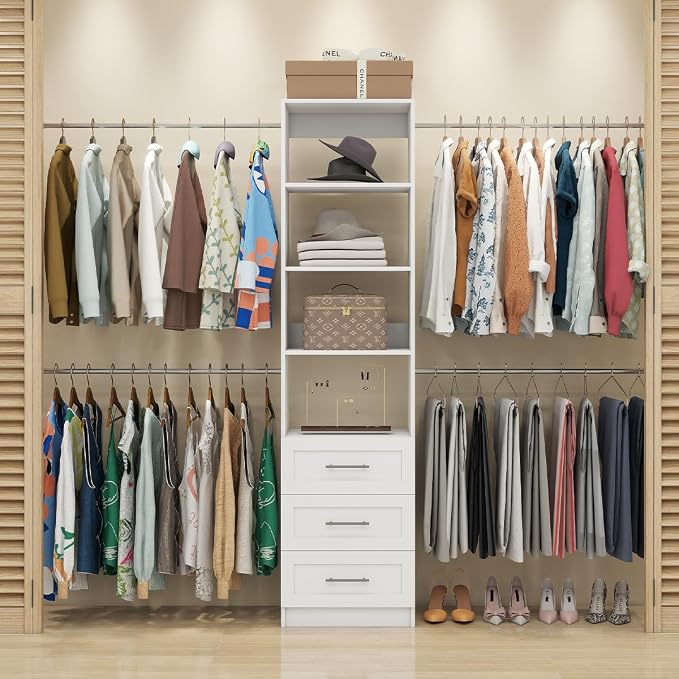 Closet Organizer System with Drawers, Wall Mounted 5FT-9FT White | 3 Wooden - Image 3
