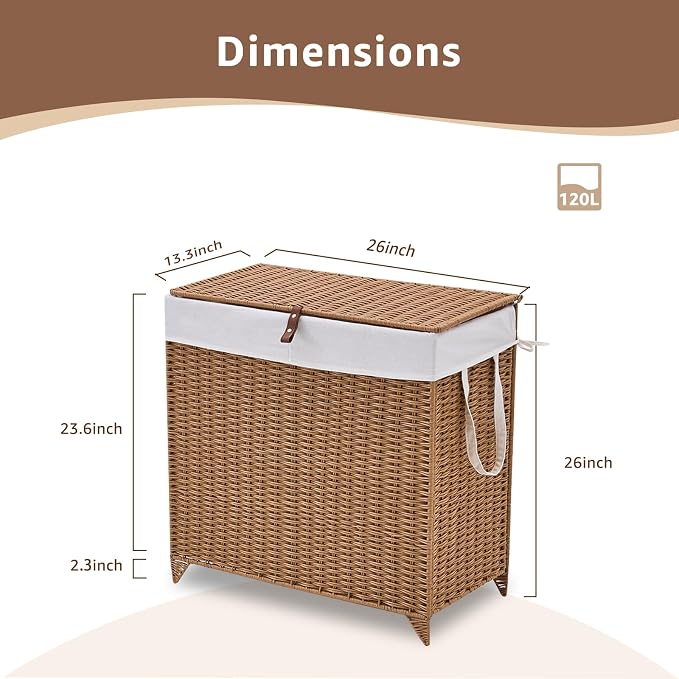 Laundry Hamper with Lid and Removable Liner Bag, Handwoven Rattan Clothes - Image 2