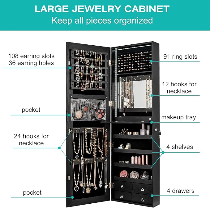 CHARMAID LED Strip Jewelry Armoire - Image 4