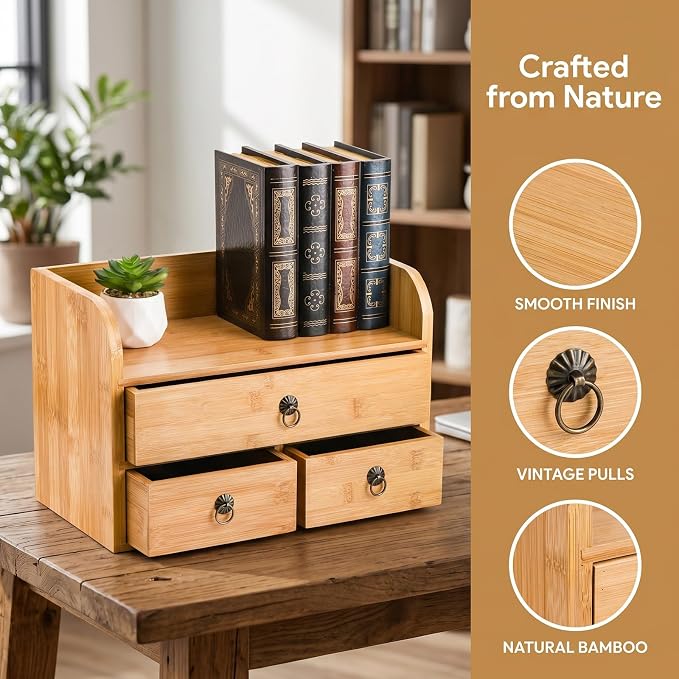 Nicunom Bamboo Desk Organizer, 3-Tier Bamboo Tabletop Storage Organization - Image 5