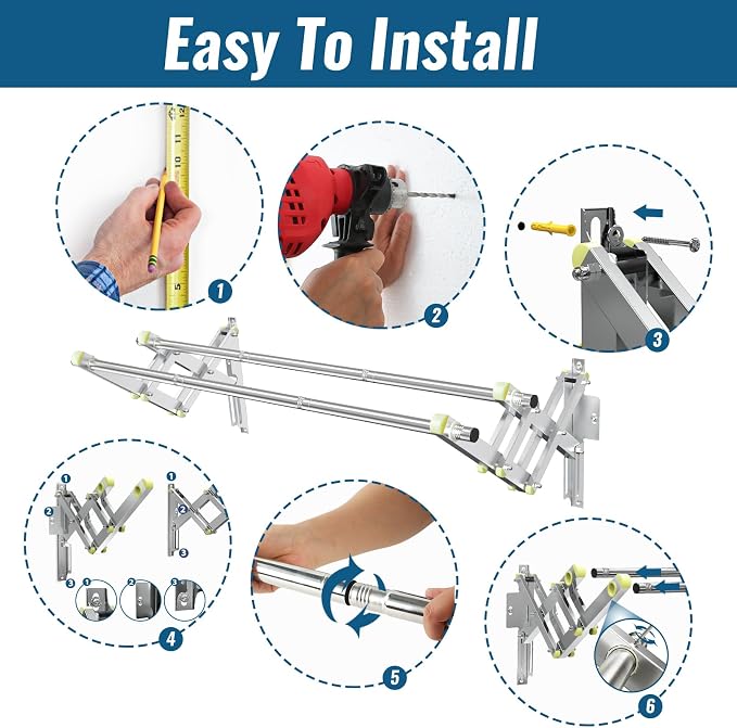 Foldable Wall Mounted Clothes Rack-Double 44'' Long Rod&2 Bases, Stainless Steel - Image 6