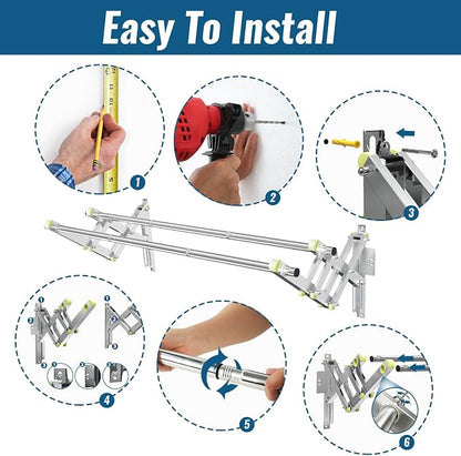 Foldable Wall Mounted Clothes Rack-Double 44'' Long Rod&2 Bases, Stainless Steel - Image 6