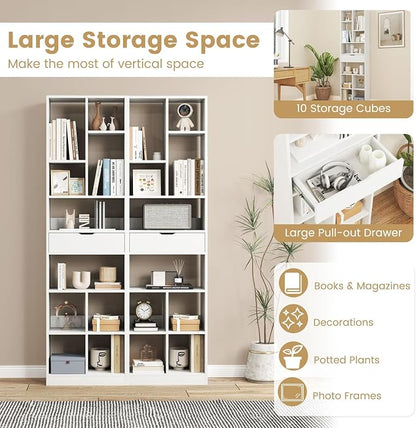 Giantex 71" Bookcase with Drawer, Tall Freestanding Bookshelf with 10 Open Cubes - Image 5