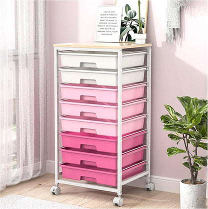 Rolling Cart with Drawers, Storage Cart with 8 Drawers and Wooden Tabletop by SYKIARIOL