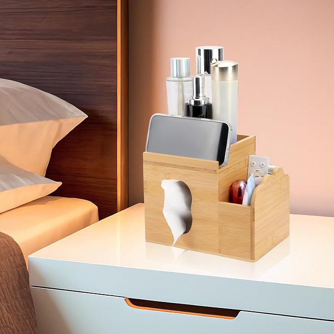 Wooden Tissue Box Cover with Storage Tray, Makeup Organizer and Phone Holder - Image 5