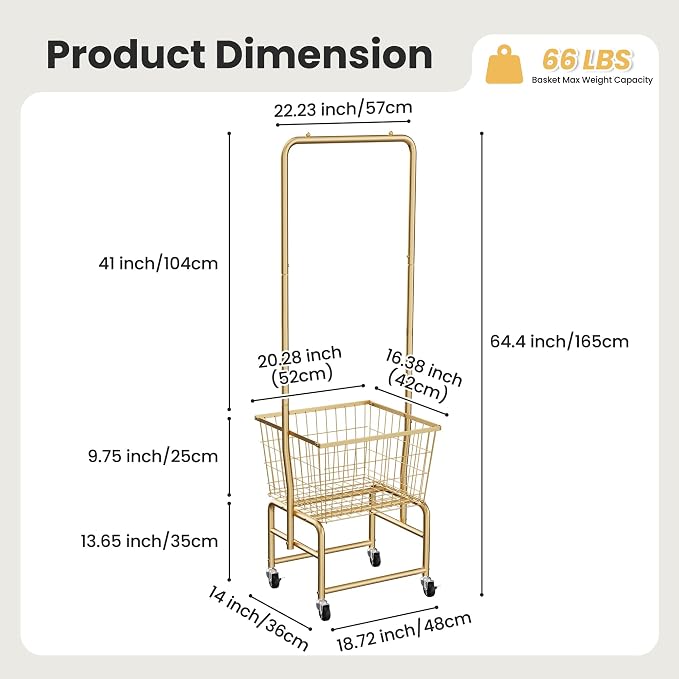 Rolling Laundry Cart with Wheels, Laundry Hamper Basket Organizer with Clothes - Image 3