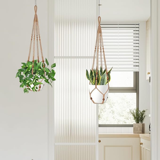 LEWESU Jute Macrame Plant Hanger Indoor Set of 4 Hanging Planter Basket Flower - Image 7