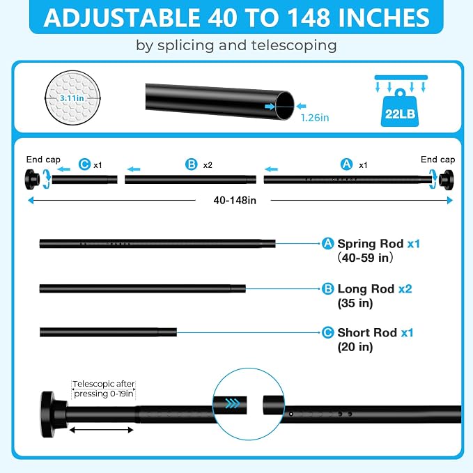MEXAU Black Shower Curtain Rod 40-148 Inch Adjustable 1.26 Inch Diameter - Image 3
