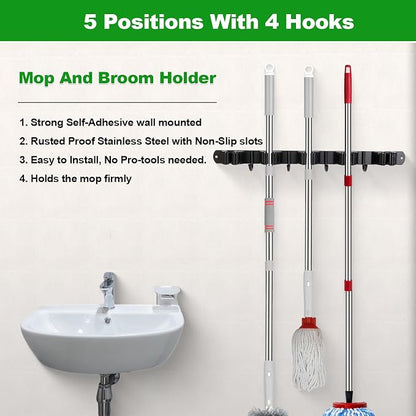 voze 5 Racks and 4 Hooks Mop and Broom Holder Wall Mount, Self Adhesive Heavy - Image 3