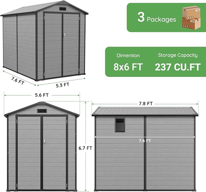 6 x 8 FT Resin Shed with Floor & Skylight, 14MM Thick Panel Storage Shed | - Image 2