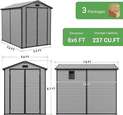 6 x 8 FT Resin Shed with Floor & Skylight, 14MM Thick Panel Storage Shed | - Image 2