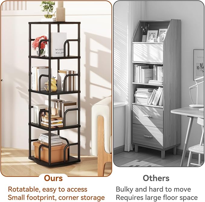 IBUYKE 5 Tier Rotating Bookshelf, Square Bookcases - Image 8