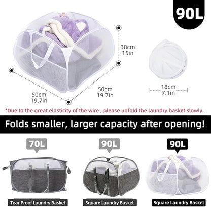 Collapsible Laundry Basket, 90L Mesh Pop-up Hamper - Image 2