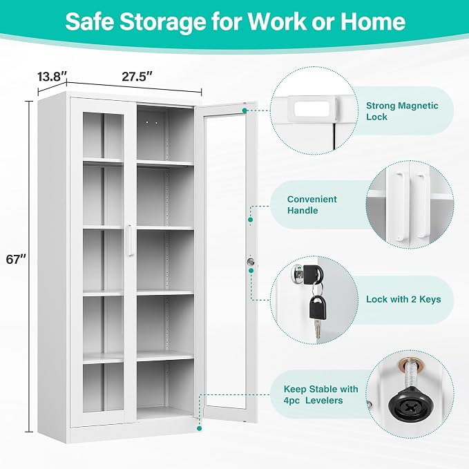 Metal Storage Cabinet with Lock and Glass Doors, Glass Display Cabinet - Image 3