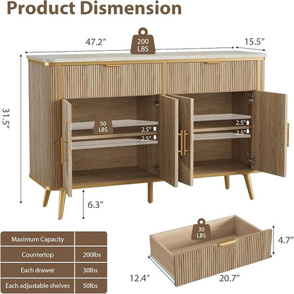 47.2" Buffet Storage Cabinet, Modern Fluted Coffee Bar Station - Image 2