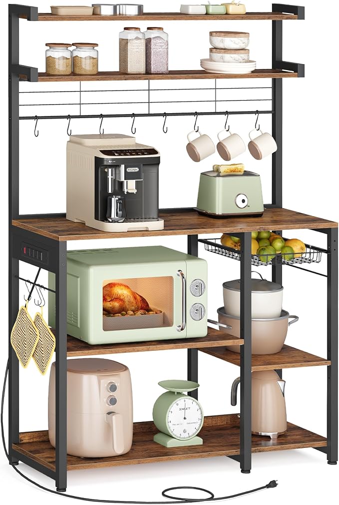 VASAGLE Bakers Rack with Power Outlet, 35.4 Inches Microwave Stand, Coffee Bar by VASAGLEbySONGMICSHOME