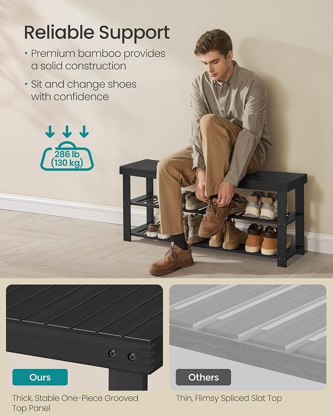 SONGMICS Shoe Rack Bench, 3-Tier Bamboo Shoe Storage Organizer, Entryway Bench - Image 5