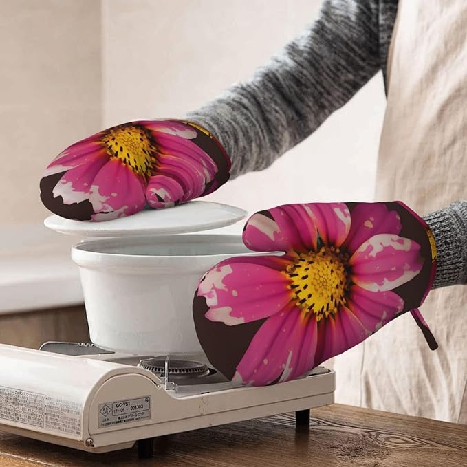 Flower Print Oven Mitts Set of 2, Heat Resistant Silicone Oven Mittens Gloves - Image 8