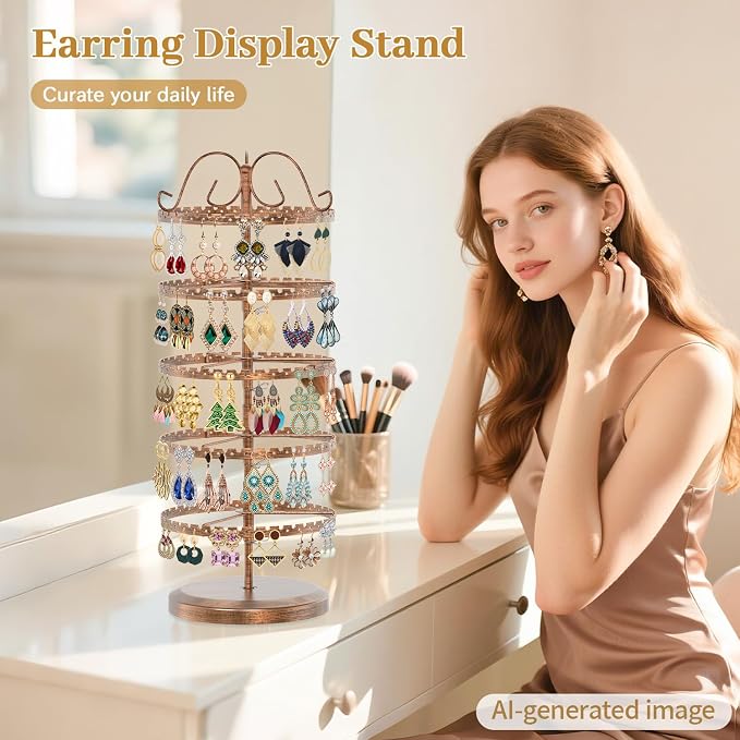 MODOWEY 5 Tier Rotating Earring Holder Organizer Stand, Adjustable Metal - Image 2