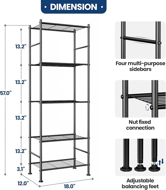 Abiglifty Storage Shelves, 5 Tier Metal Shelf Organizer, Garage Shelving - Image 2
