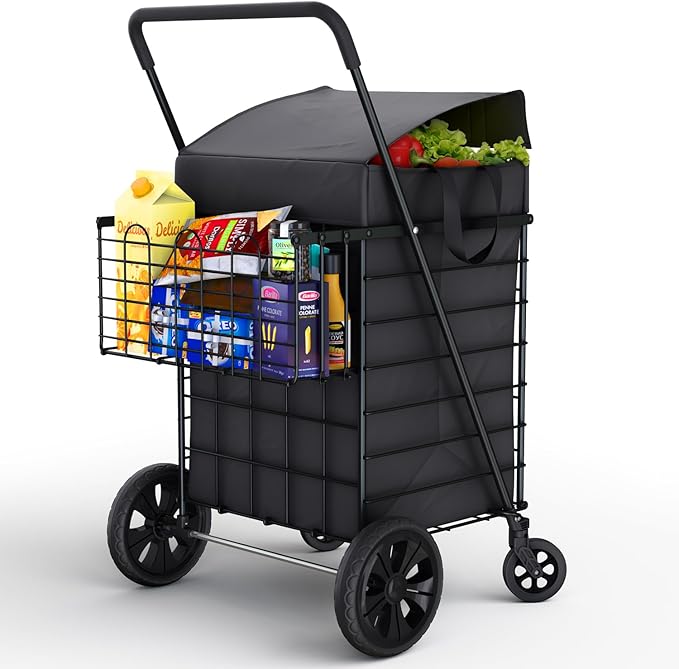 Shopping Cart w/Waterproof Basket Liner & 360° Swivel Wheels | Foldable by OurModernSpace
