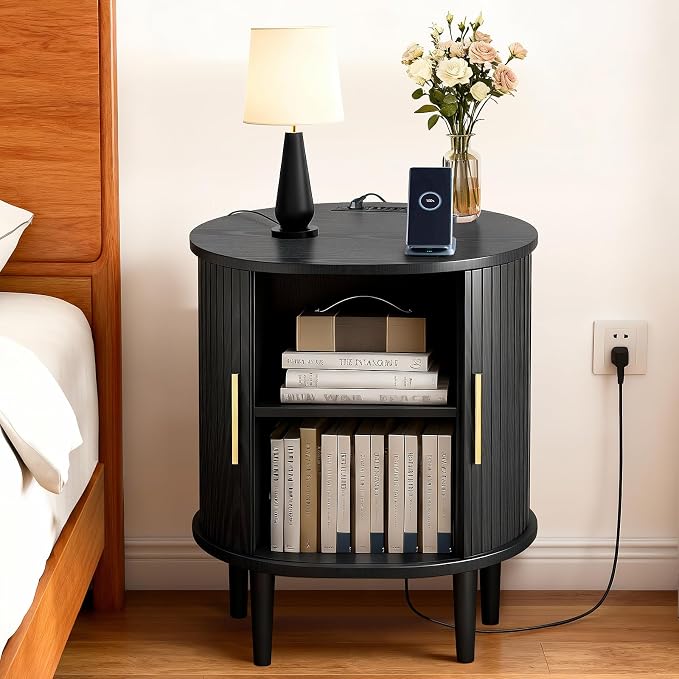 Nightstands Set of 2 & Charging Station, Fluted Accent Side Table - Image 7
