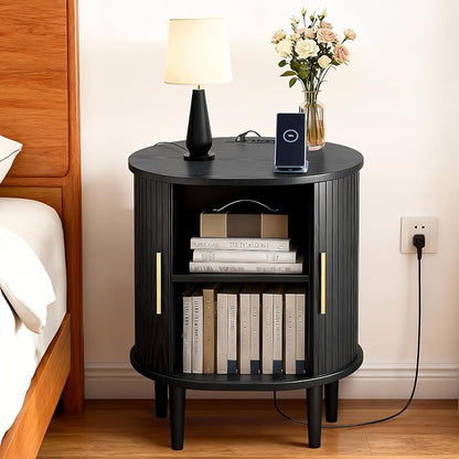 Nightstand with Charging Station, Fluted Accent Side Table with Sliding Door & - Image 3