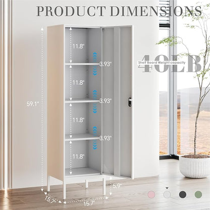 White Metal Locker Cabinet, 59.1" Lockable Storage Locker - Image 3