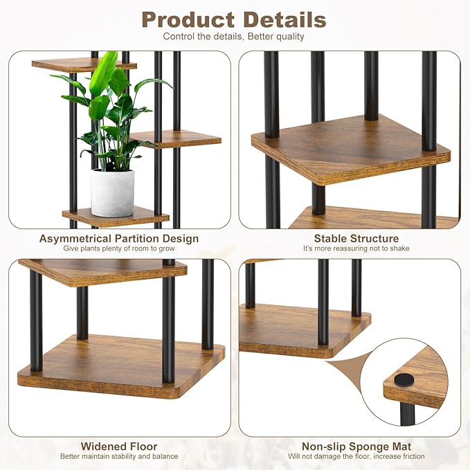6 Tier Plant Stand Indoor, Thickened Metal Wood Corner Plant Shelf Stands - Image 4