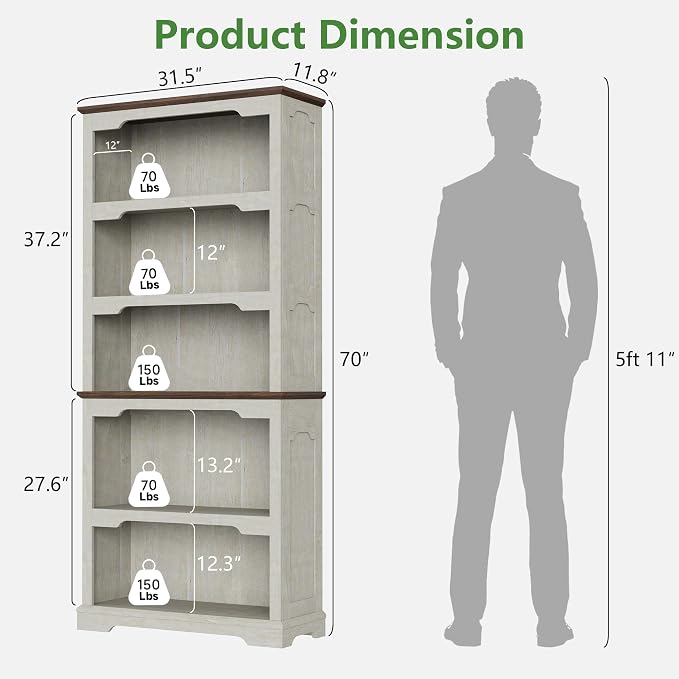 70 Inch Farmhouse Bookcase, Distressed White and Walnut Two-Tone Shelves - Image 2