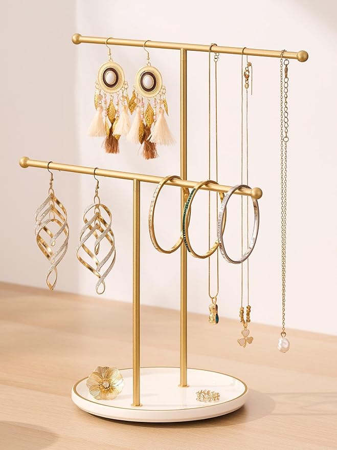 Gold Jewelry Holder Stand with Ceramic Tray: Small Hanging Necklace Organizer by Josmimic