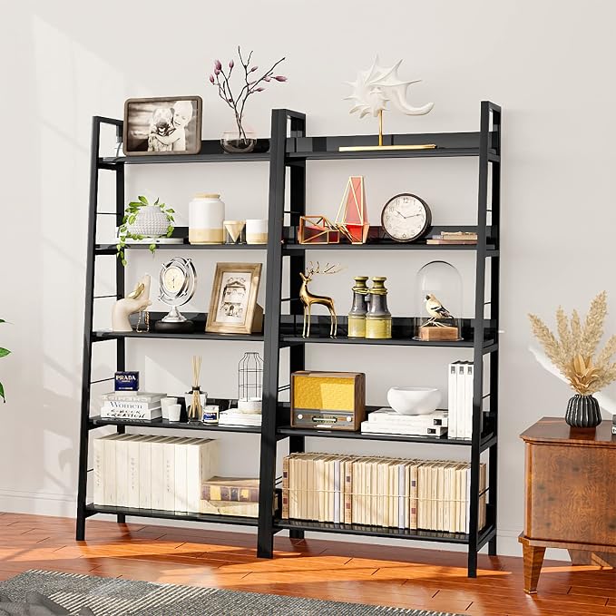 Himimi Black Ladder Bookshelf, 5 Shelf Bookcase Industrial Bookshelf Wood and - Image 2