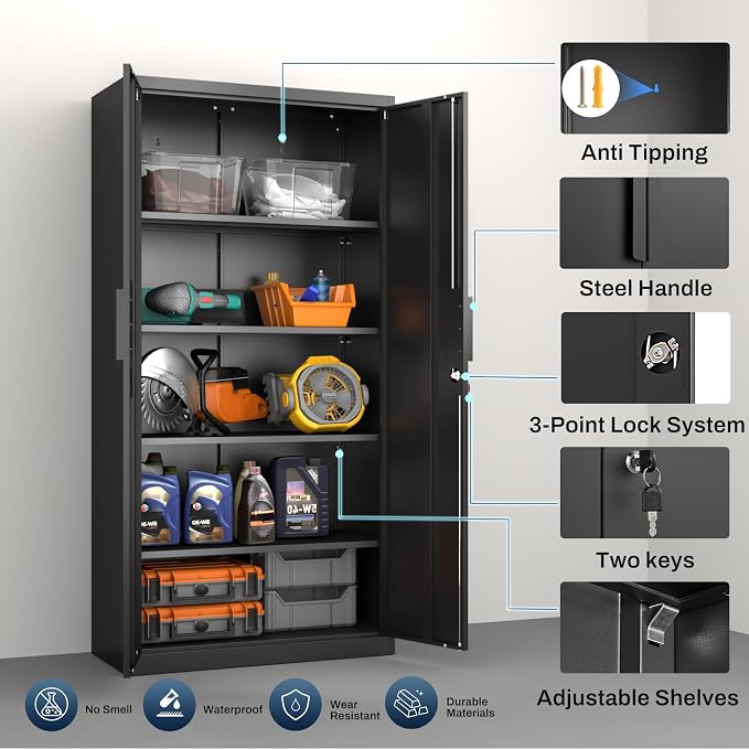 Metal Garage Storage Cabinet, Steel Storage Locker, 4 Adjustable Shelves - Image 5