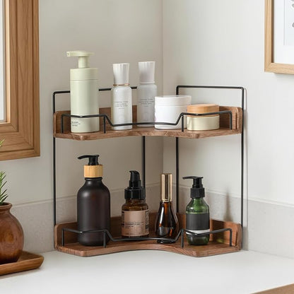 2-Tier Bathroom Counter Organizer, Wooden Corner Shelf - Image 6