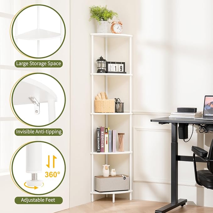 Yoobure Corner Shelf Stand, 5-Tier Bookshelf, Living Room, Narrow Display Shelf - Image 3