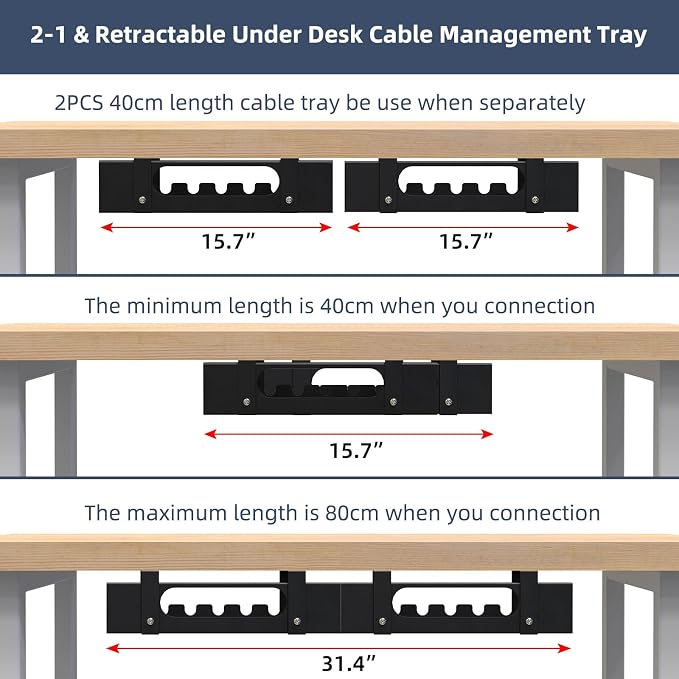 2 Pack Cable Management Under Desk Tray, Adjustable Length Large Cord Organizer - Image 2