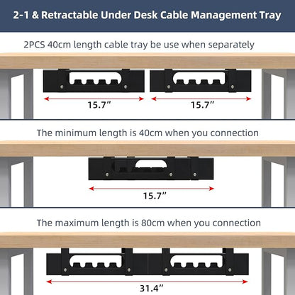 2 Pack Cable Management Under Desk Tray, Adjustable Length Large Cord Organizer - Image 2