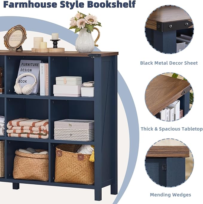 Joaxswe 12 Cube Storage Organizer, Farmhouse 62 Inch Wide Navy Blue Display - Image 6