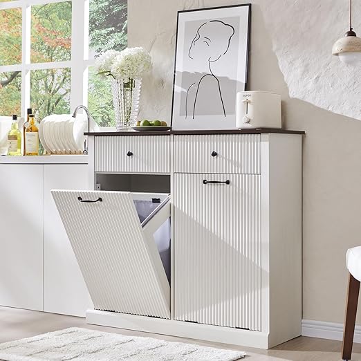 Modern Double Tilt-Out Trash Cabinet, 20 Gallon Fluted Laundry Hamper Cabinet by IFGETEnrichYourLivingSpace