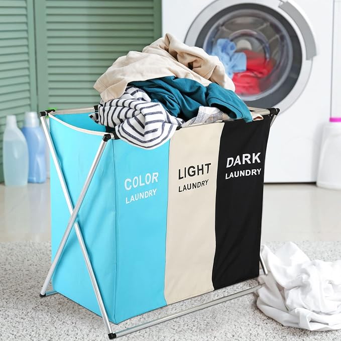 Laundry Cloth Hamper Sorter Basket Bin Foldable 3 Sections - Image 4