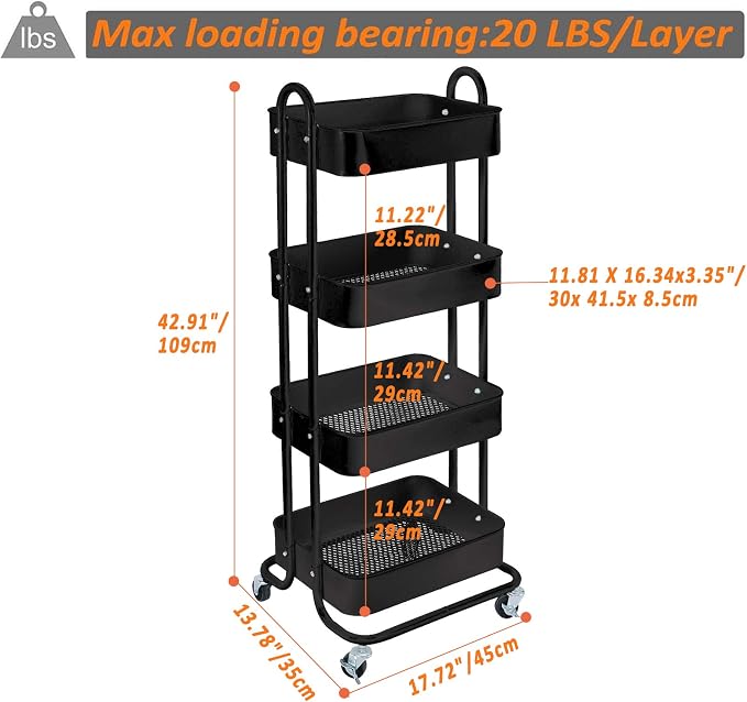 4-Tier Metal Mesh Utility Rolling Cart Storage Organizer Shelf Rack - Image 7