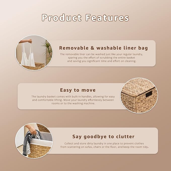 Laundry Hamper with Lid and Removable Liner Bag, Handwoven Natural Hyacinth - Image 3