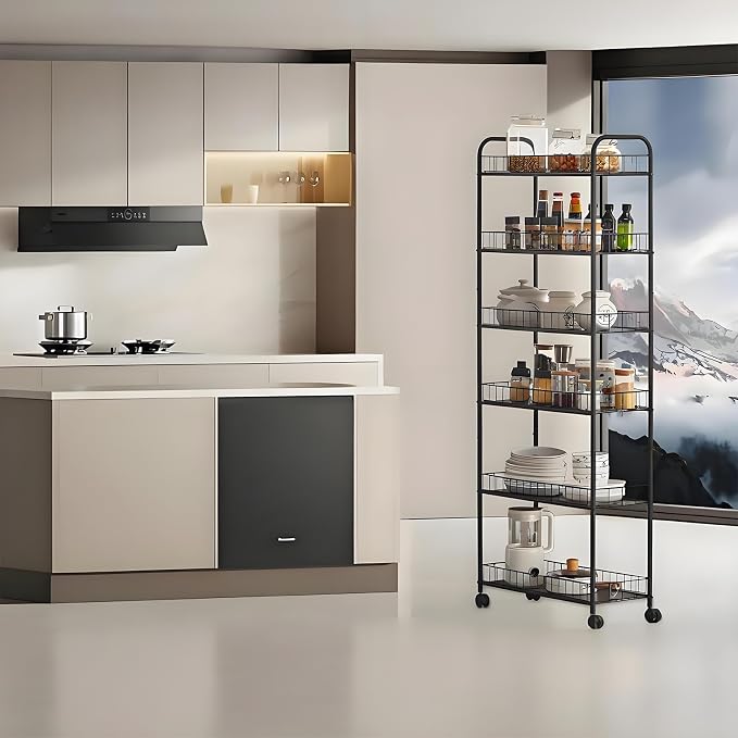 6-Tier Slim Storage Cart with Wheels, 10in Wide Black Narrow Rolling Shelf - Image 4
